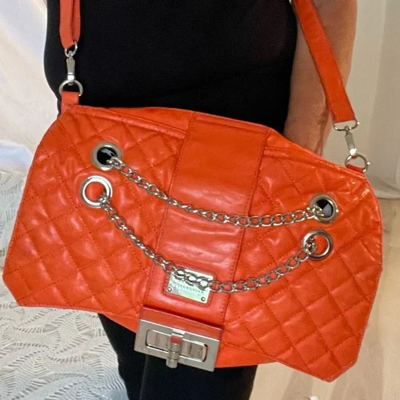 Jenna Kador Oversized Tote Bag Purse Orange Silver Chain cross body & Buckle - Picture 7 of 14
